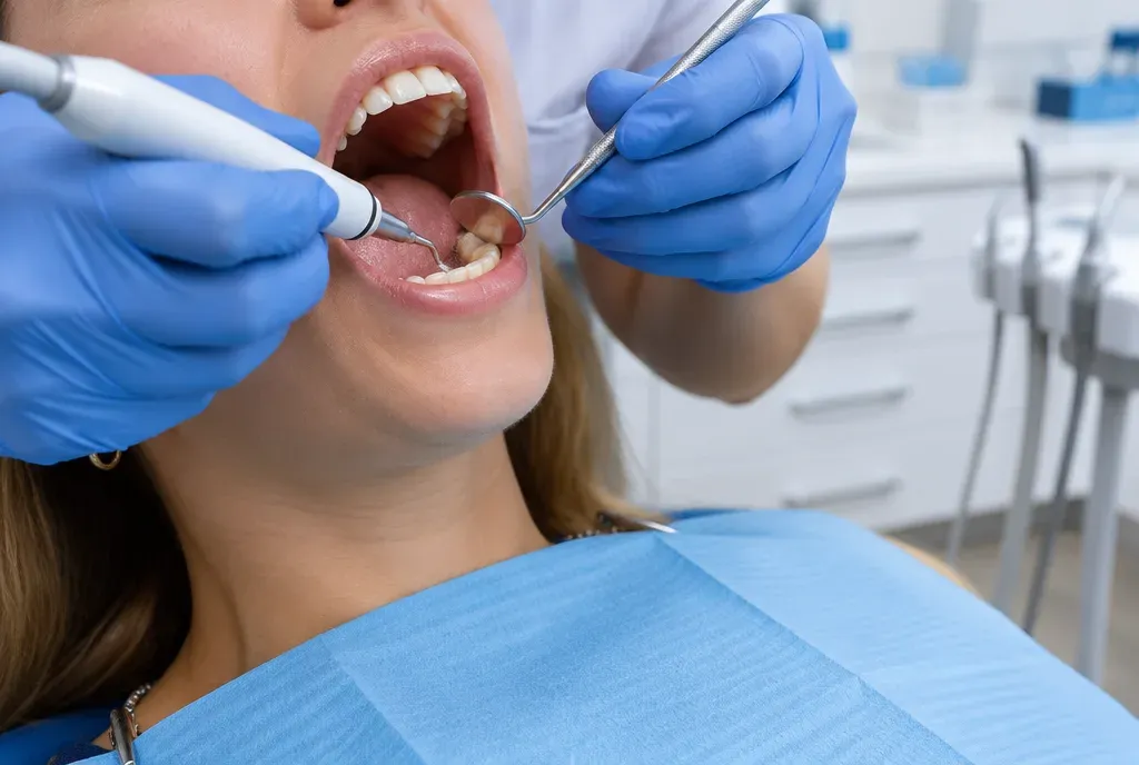 Mondhygiënist verwijdert tandsteen met een ultrasoon apparaat