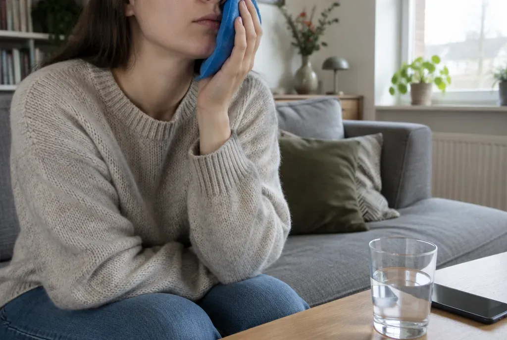 Iemand houdt een coldpack tegen de wang vanwege kiespijn