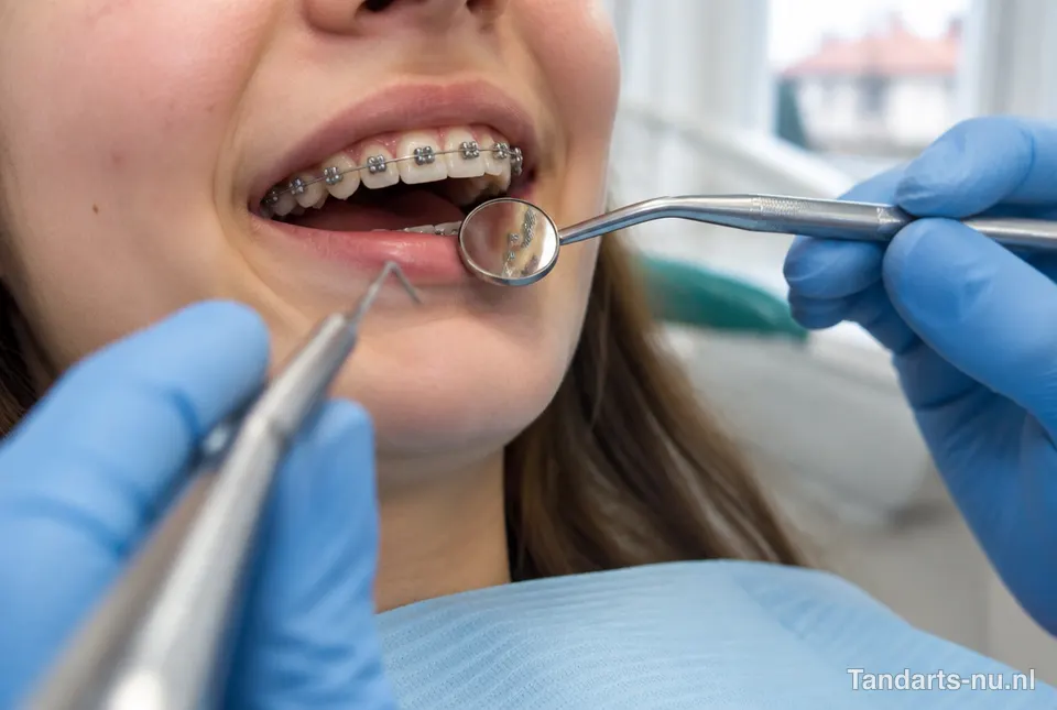 Tiener met een beugel bij de orthodontist